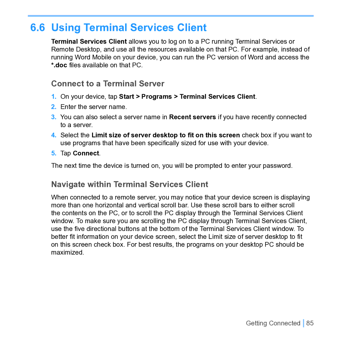 UTStarcom PPC 6700 Using Terminal Services Client, Connect to a Terminal Server, Navigate within Terminal Services Client 