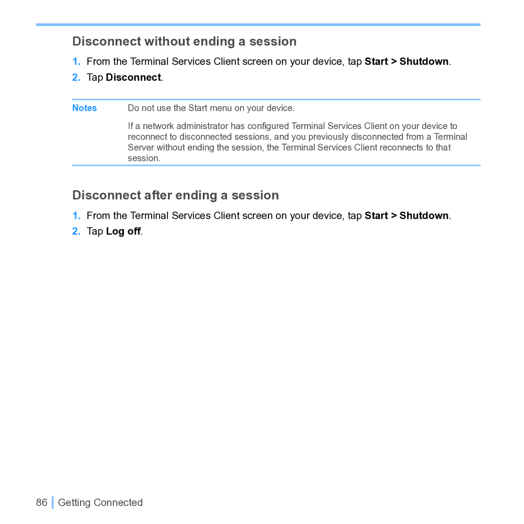 UTStarcom PPC 6700 Disconnect without ending a session, Disconnect after ending a session, Tap Disconnect, Tap Log off 