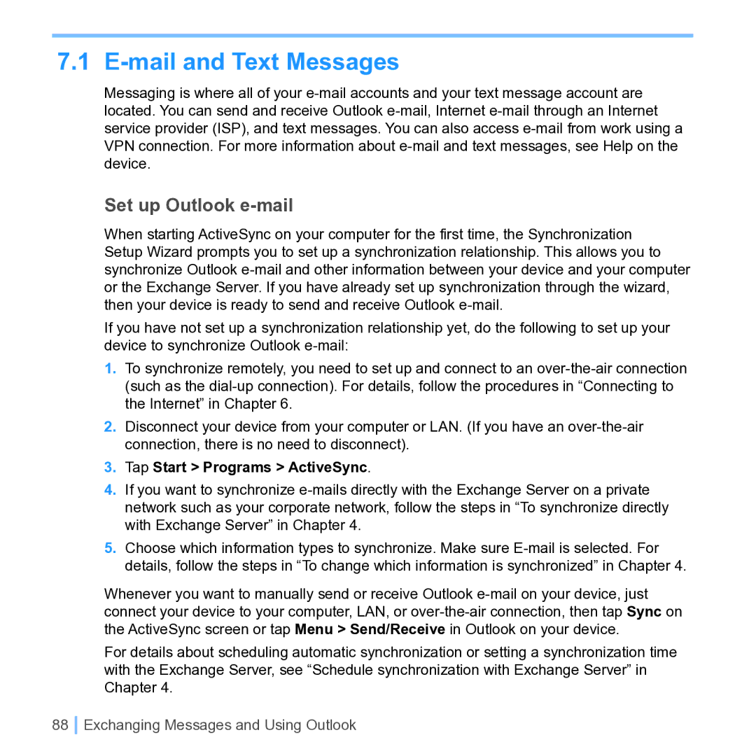 UTStarcom PPC 6700 manual Mail and Text Messages, Set up Outlook e-mail, Tap Start Programs ActiveSync 