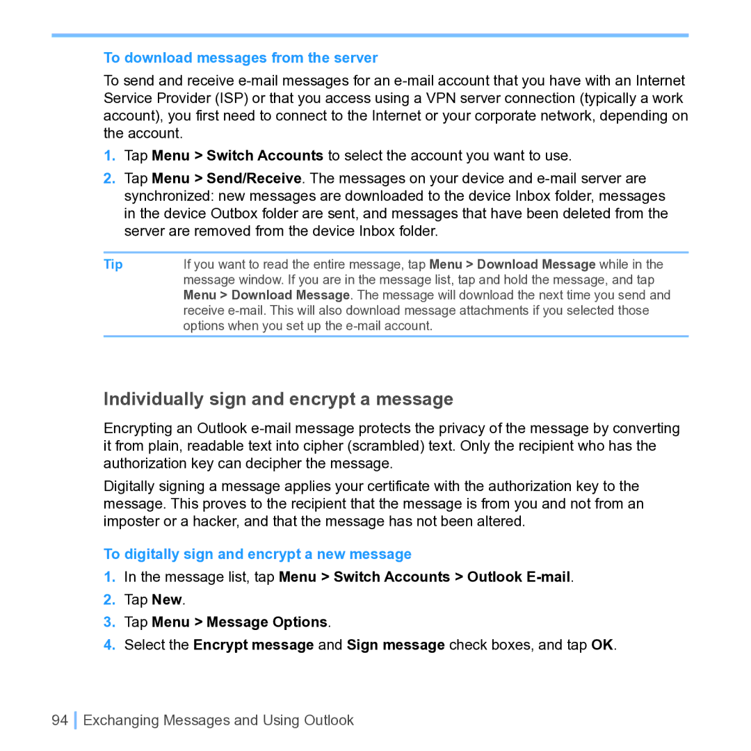 UTStarcom PPC 6700 Individually sign and encrypt a message, To download messages from the server, Tap Menu Message Options 