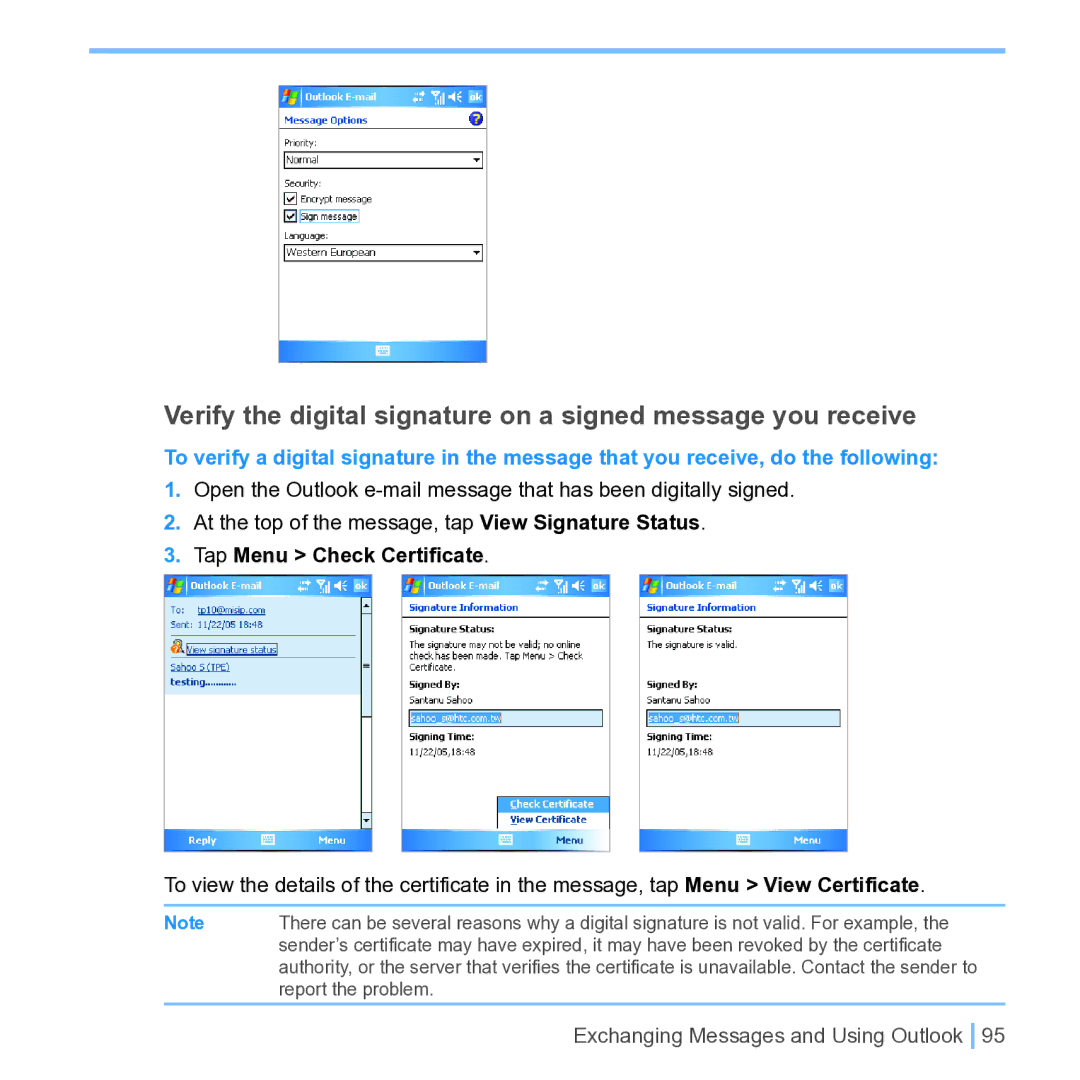 UTStarcom PPC 6700 manual Verify the digital signature on a signed message you receive, Tap Menu Check Certiﬁcate 