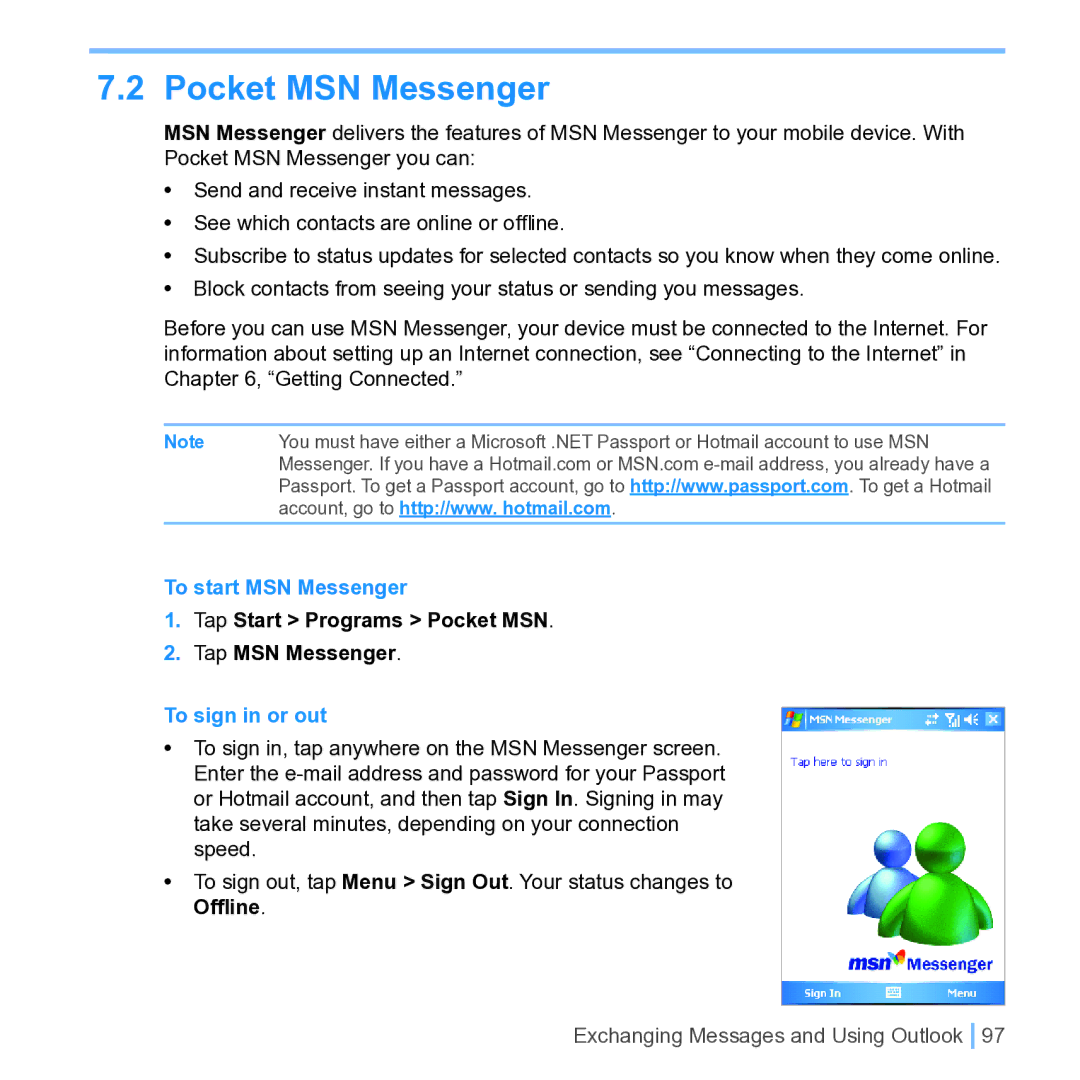 UTStarcom PPC 6700 manual Pocket MSN Messenger, To start MSN Messenger, Tap Start Programs Pocket MSN Tap MSN Messenger 