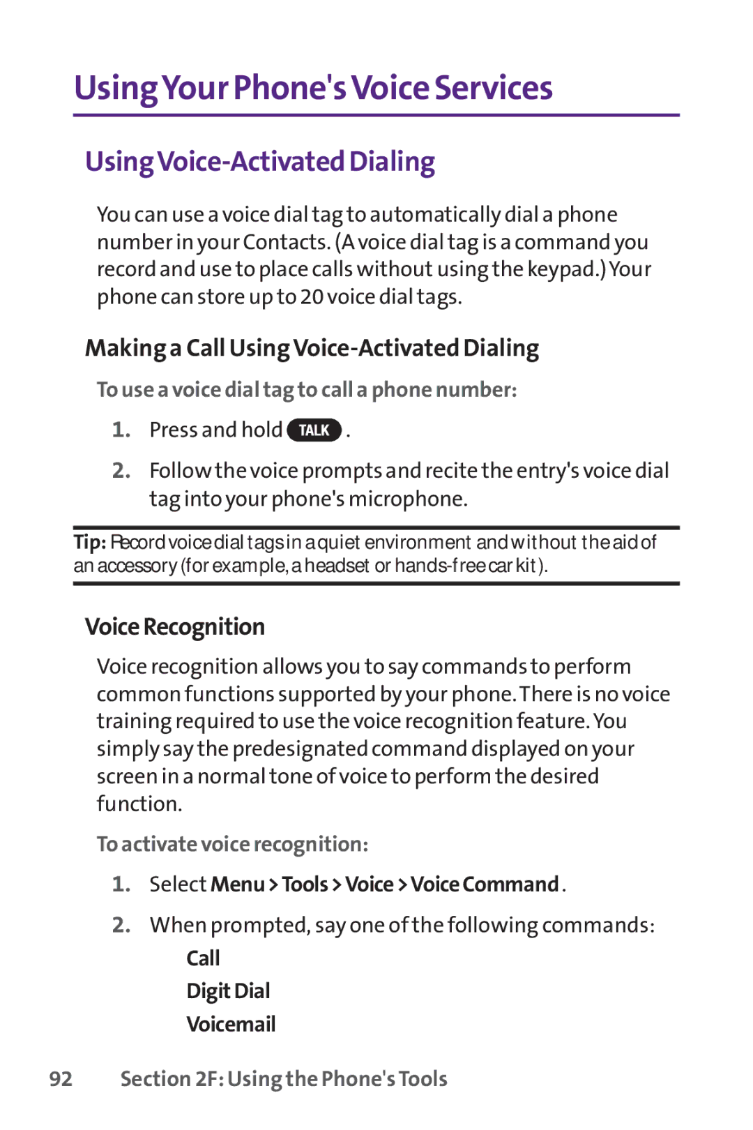 UTStarcom PPLS-7075 manual UsingYour PhonesVoice Services, UsingVoice-Activated Dialing, VoiceRecognition 