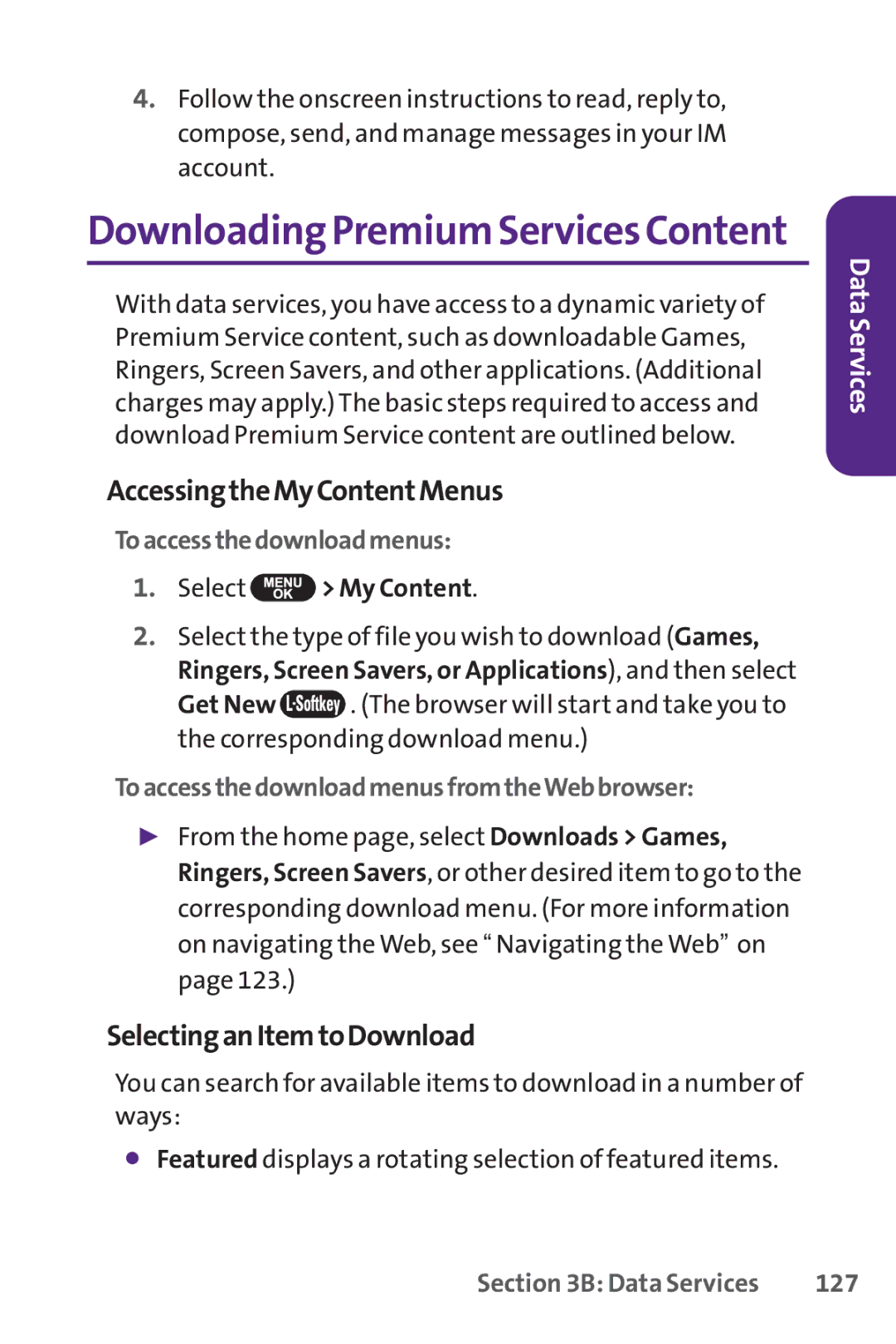 UTStarcom PPLS-7075 manual AccessingtheMyContentMenus, SelectinganItemtoDownload, Toaccessthedownloadmenus, 127 