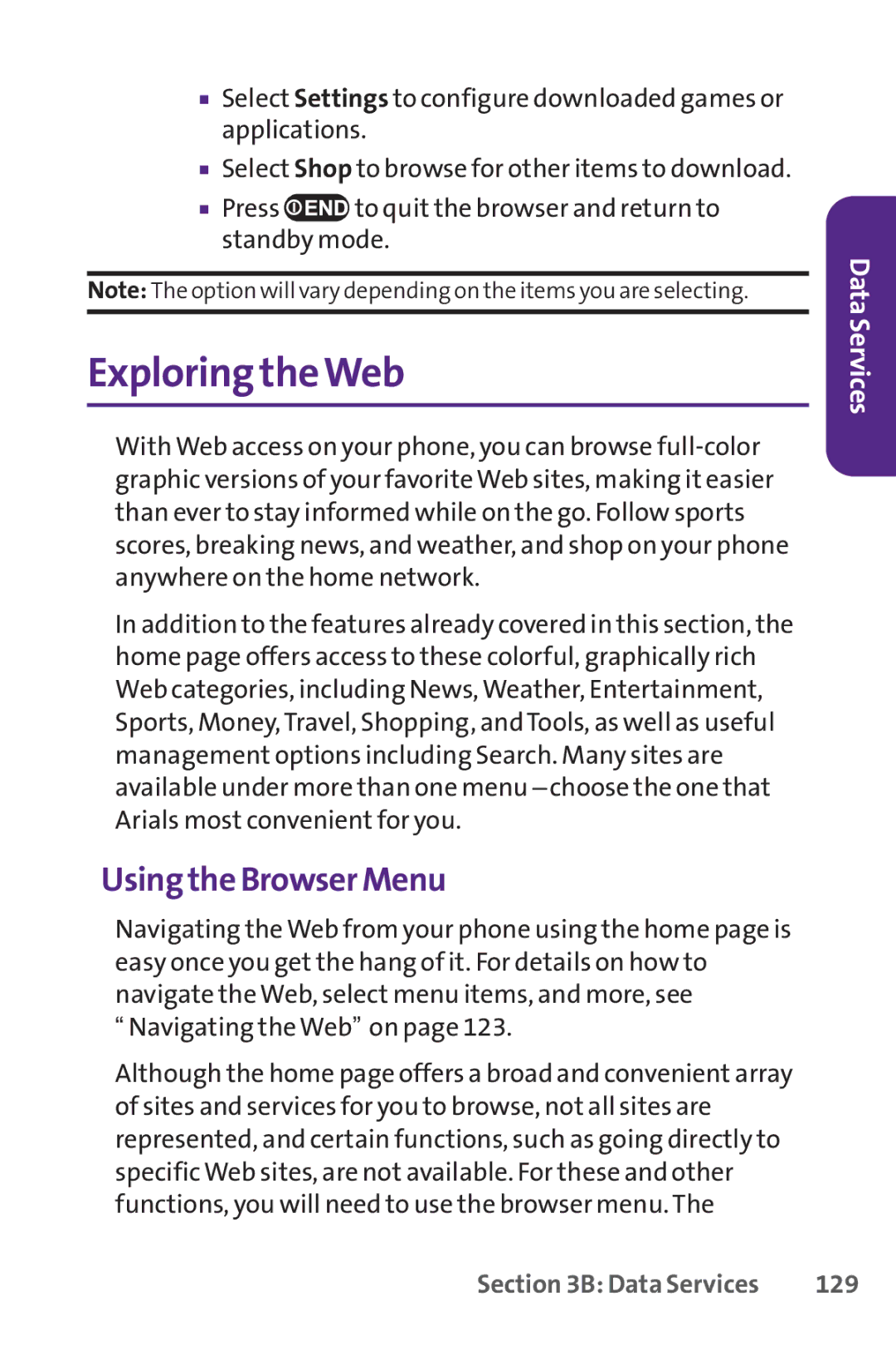 UTStarcom PPLS-7075 manual Exploring theWeb, Using the Browser Menu, 129 