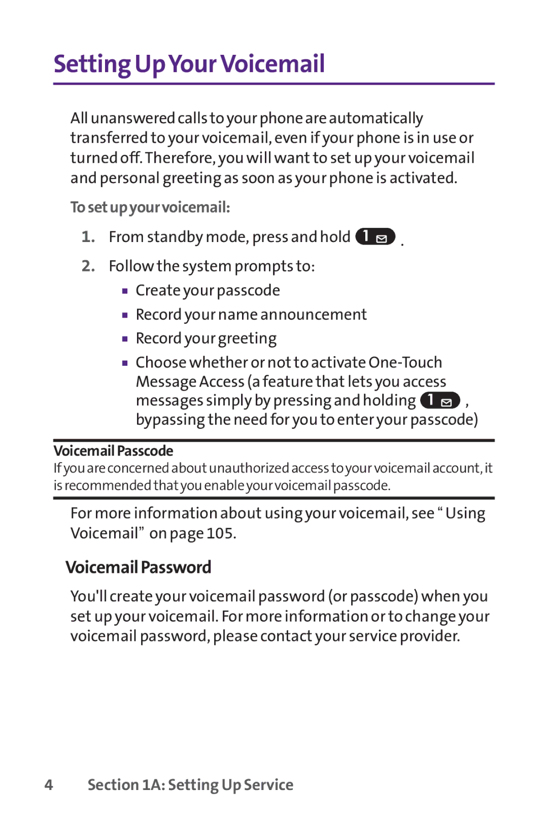 UTStarcom PPLS-7075 manual Setting UpYour Voicemail, VoicemailPassword, Tosetupyourvoicemail, VoicemailPasscode 