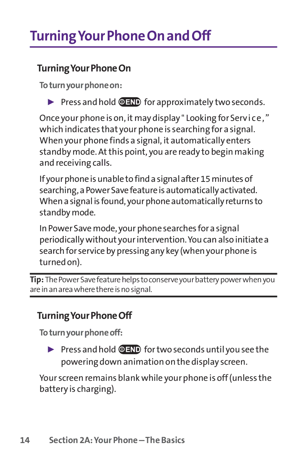 UTStarcom PPLS-7075 manual TurningYour Phone On and Off, TurningYourPhoneOn, TurningYourPhoneOff, Toturnyourphoneon 