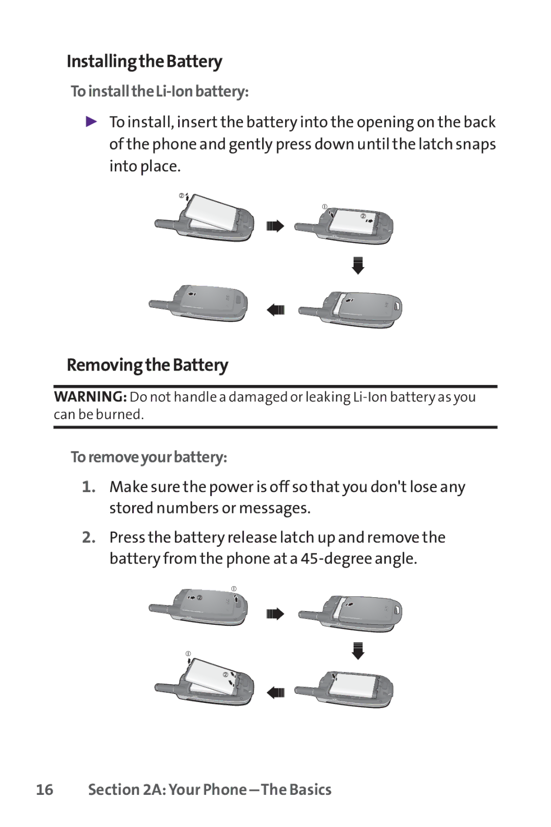 UTStarcom PPLS-7075 manual InstallingtheBattery, RemovingtheBattery, ToinstalltheLi-Ionbattery, Toremoveyourbattery 