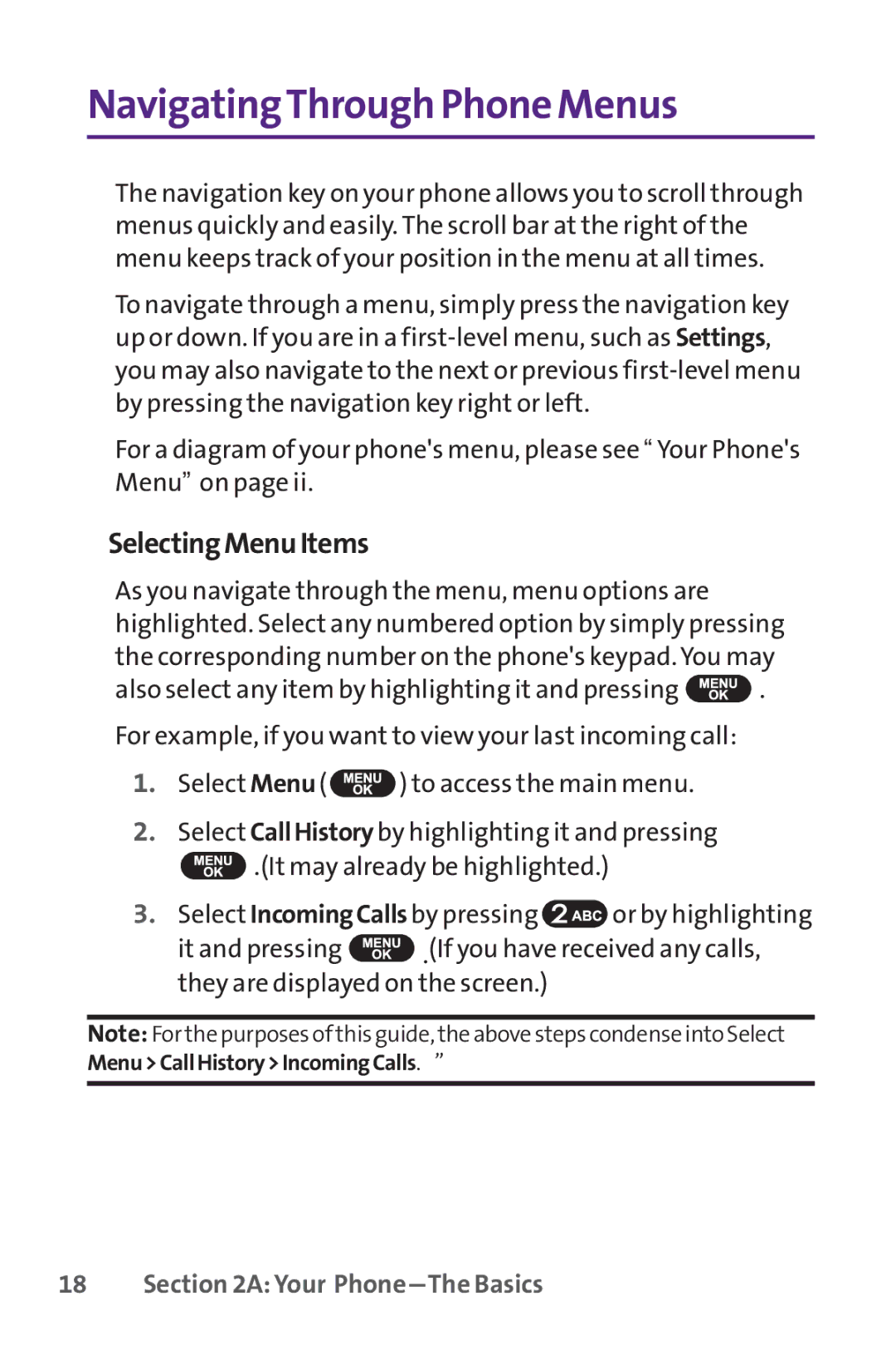 UTStarcom PPLS-7075 manual NavigatingThrough Phone Menus, SelectingMenuItems 