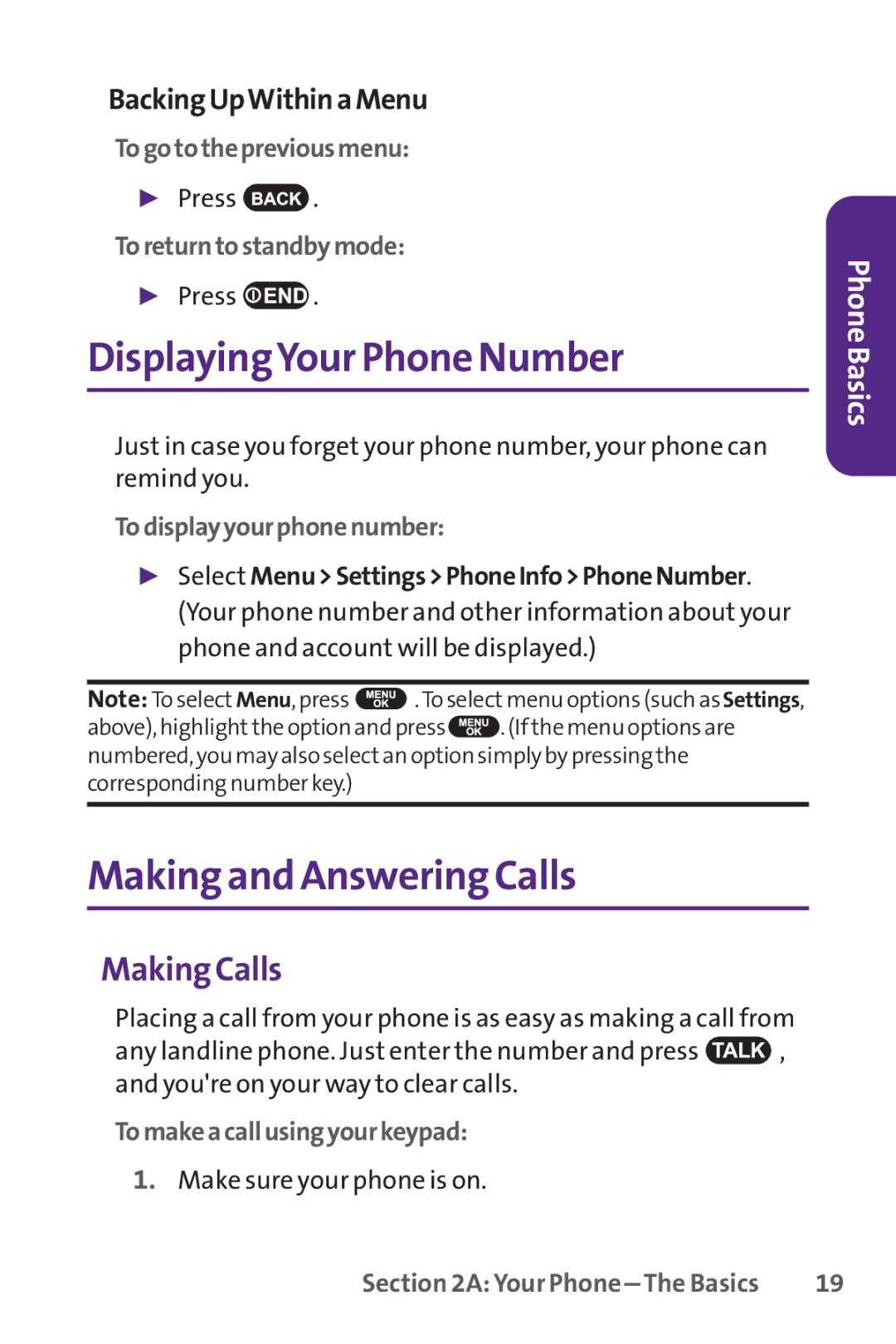 UTStarcom PPLS-7075 manual DisplayingYour Phone Number, Making and Answering Calls, Making Calls, BackingUpWithinaMenu 