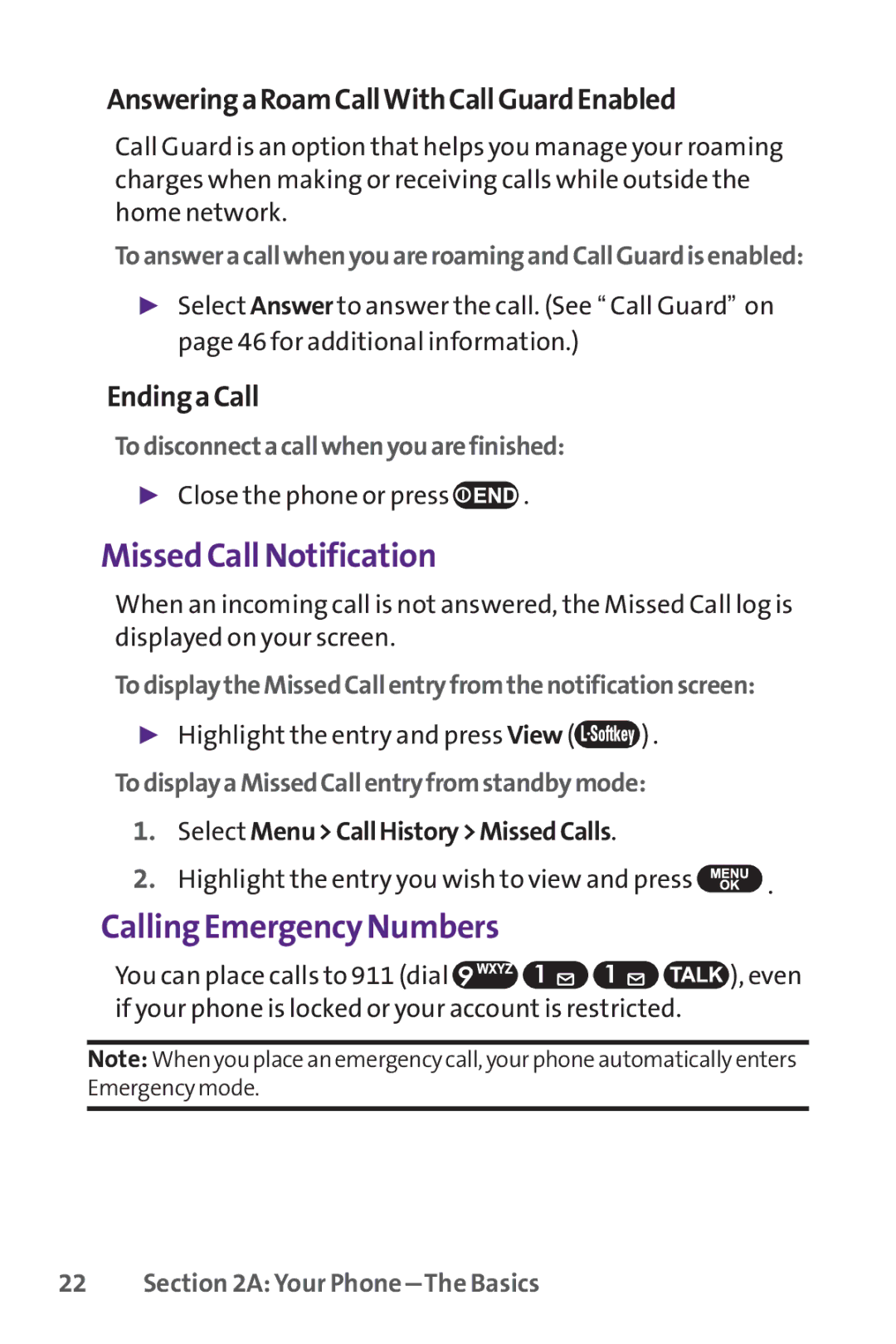 UTStarcom PPLS-7075 manual Missed Call Notification, Calling Emergency Numbers, AnsweringaRoamCallWithCallGuardEnabled 