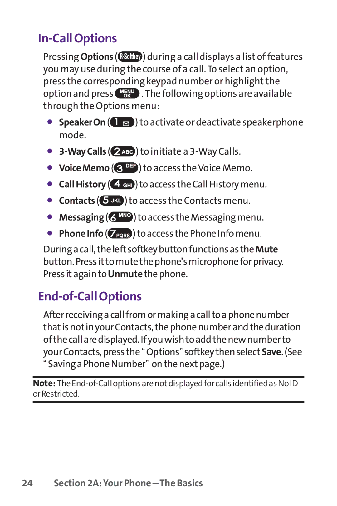 UTStarcom PPLS-7075 manual In-Call Options, End-of-Call Options 