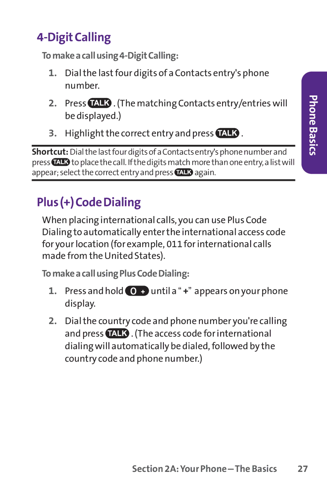 UTStarcom PPLS-7075 Digit Calling, Plus + Code Dialing, Tomakeacallusing4-DigitCalling, TomakeacallusingPlusCodeDialing 