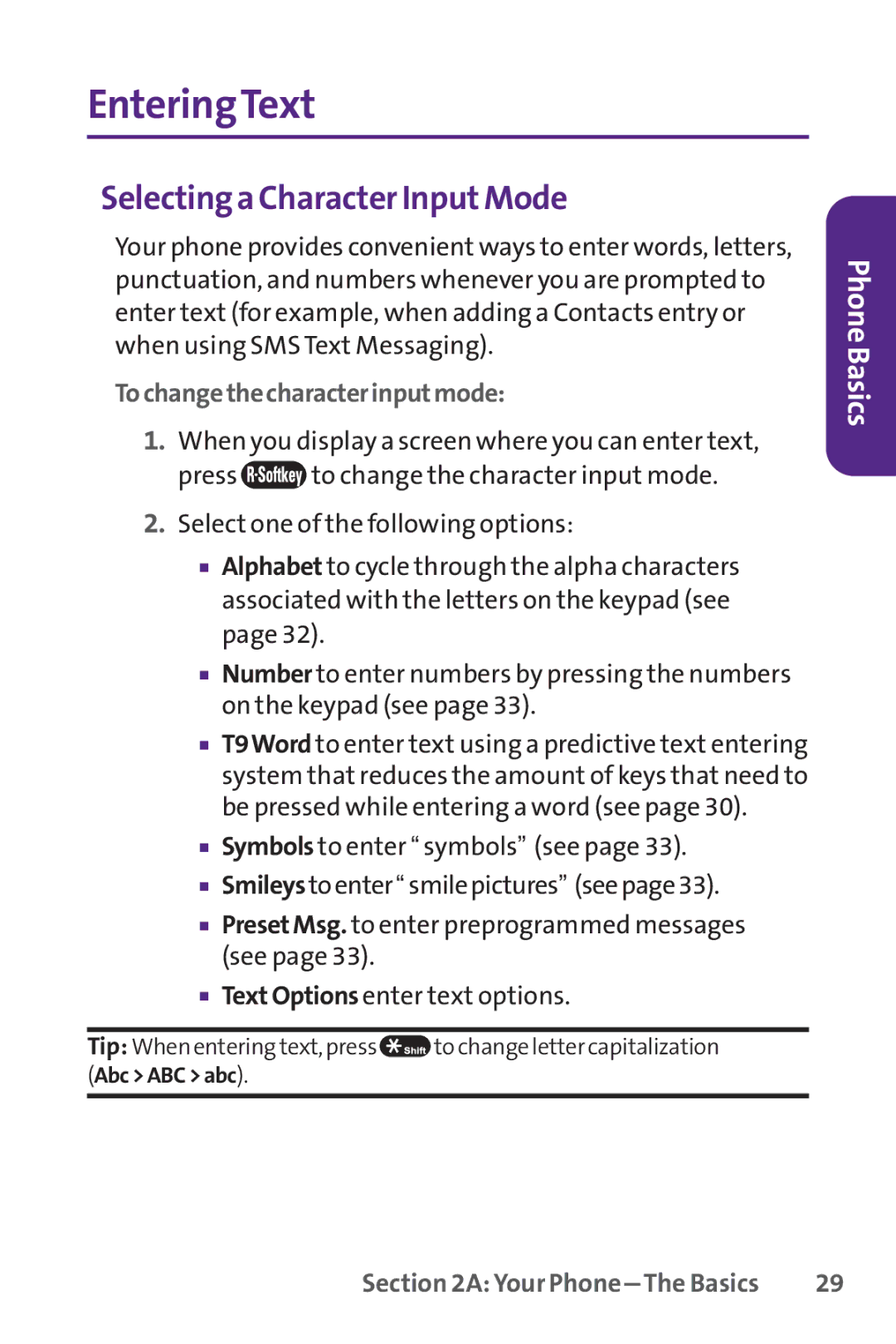 UTStarcom PPLS-7075 manual EnteringText, Selectinga Character InputMode, Tochangethecharacterinputmode 