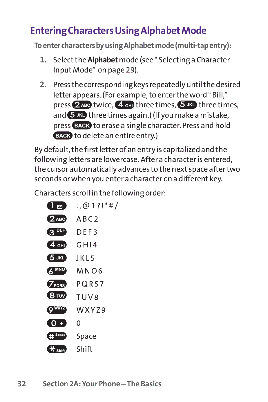 UTStarcom PPLS-7075 manual EnteringCharacters Using AlphabetMode, ToentercharactersbyusingAlphabetmodemulti-tapentry 