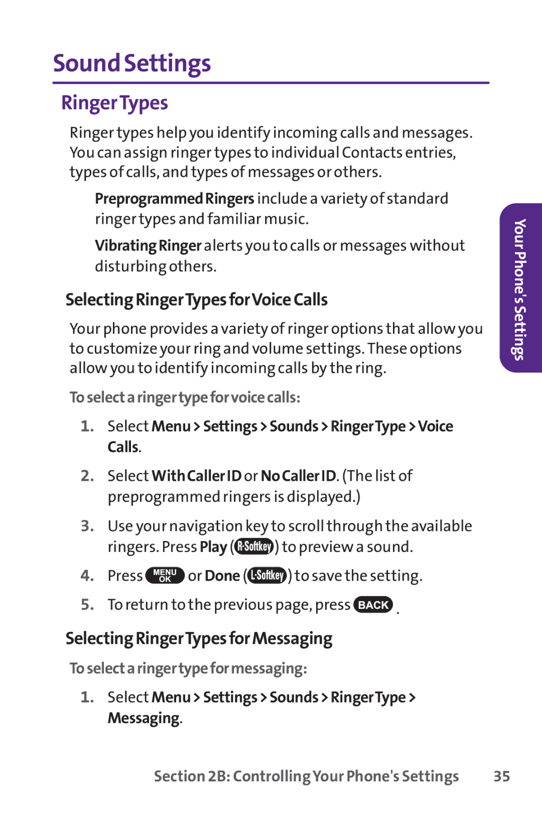 UTStarcom PPLS-7075 manual Sound Settings, SelectingRingerTypesforVoiceCalls, SelectingRingerTypesforMessaging 