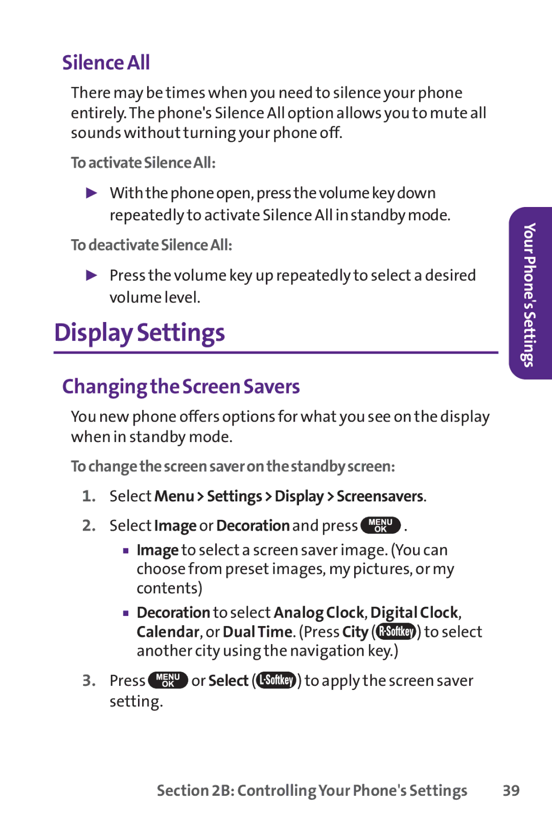 UTStarcom PPLS-7075 manual Display Settings, Silence All, Changing the Screen Savers 