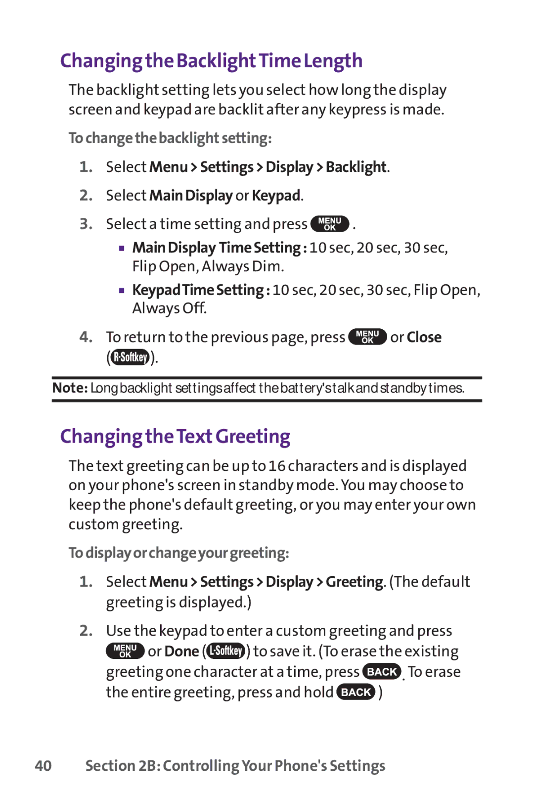 UTStarcom PPLS-7075 manual Changing the BacklightTime Length, Changing the TextGreeting, Tochangethebacklightsetting 