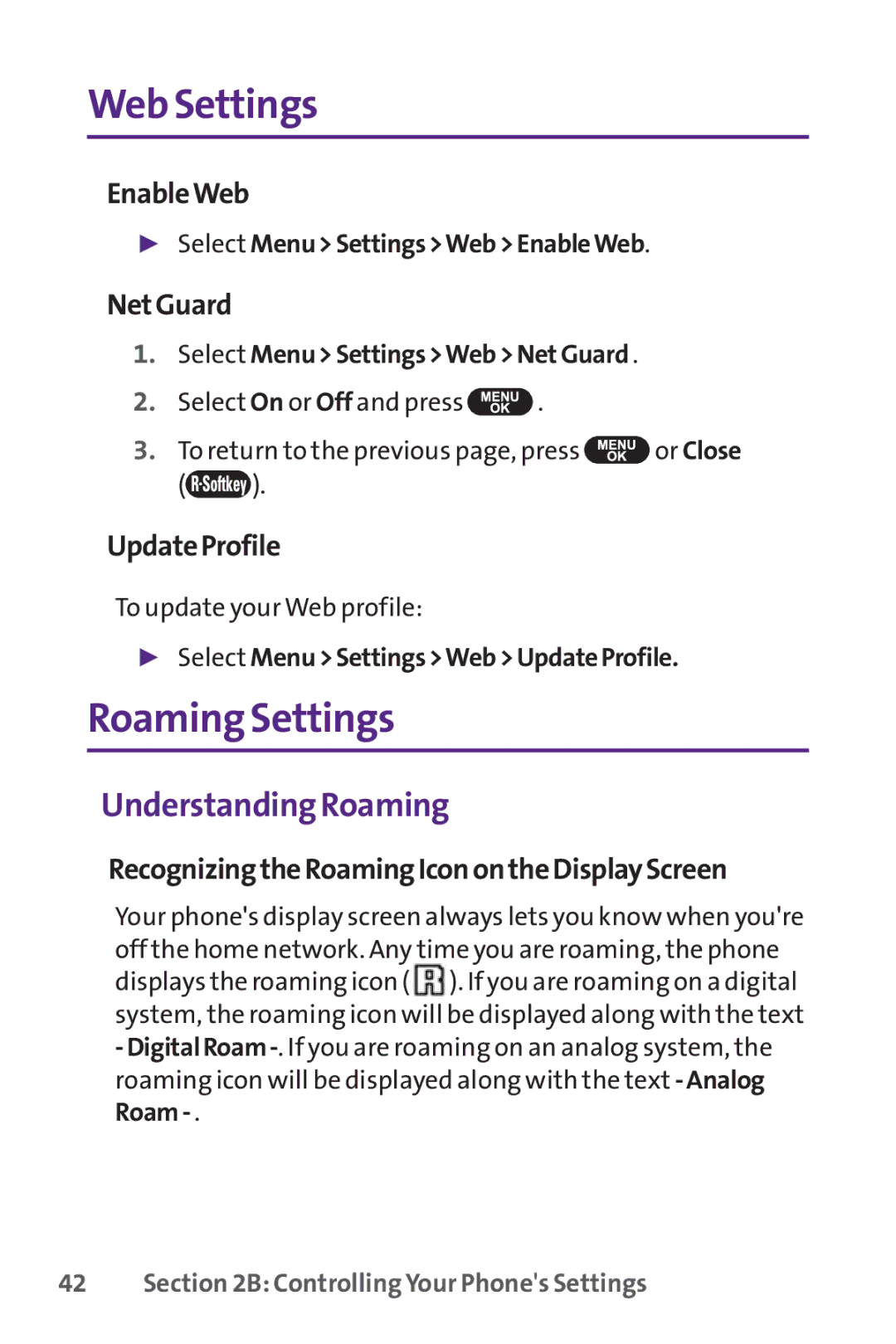 UTStarcom PPLS-7075 manual Web Settings, Roaming Settings, Understanding Roaming 