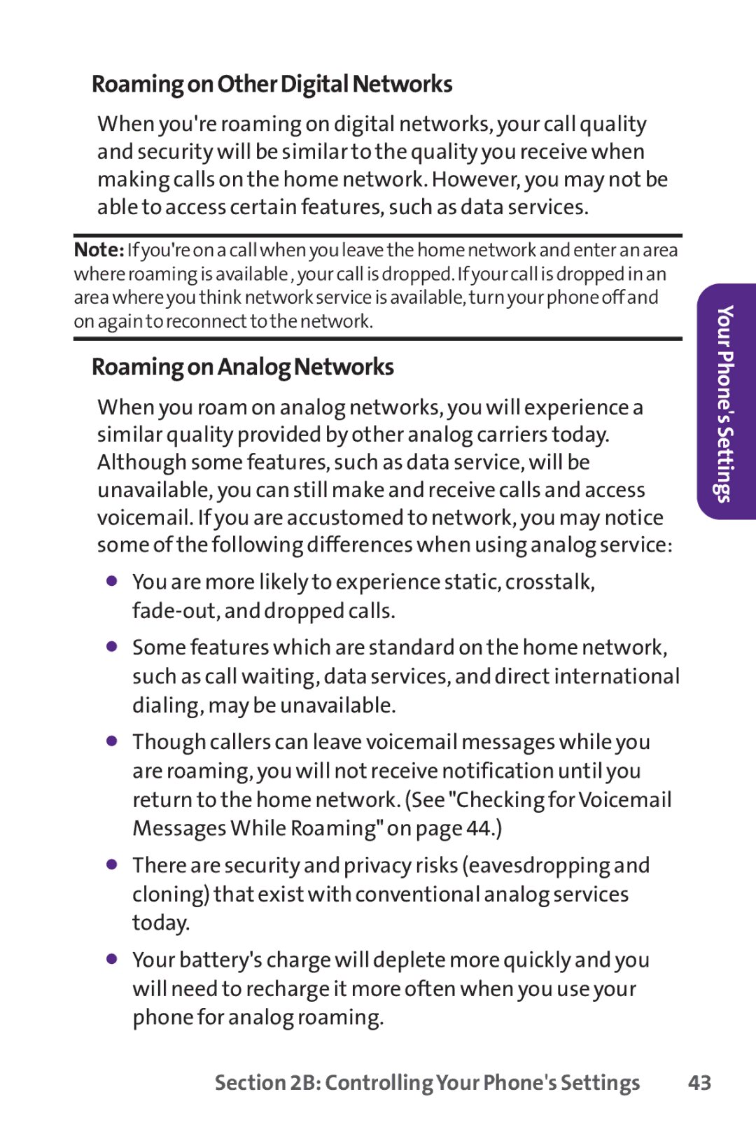 UTStarcom PPLS-7075 manual RoamingonOtherDigitalNetworks, RoamingonAnalogNetworks 