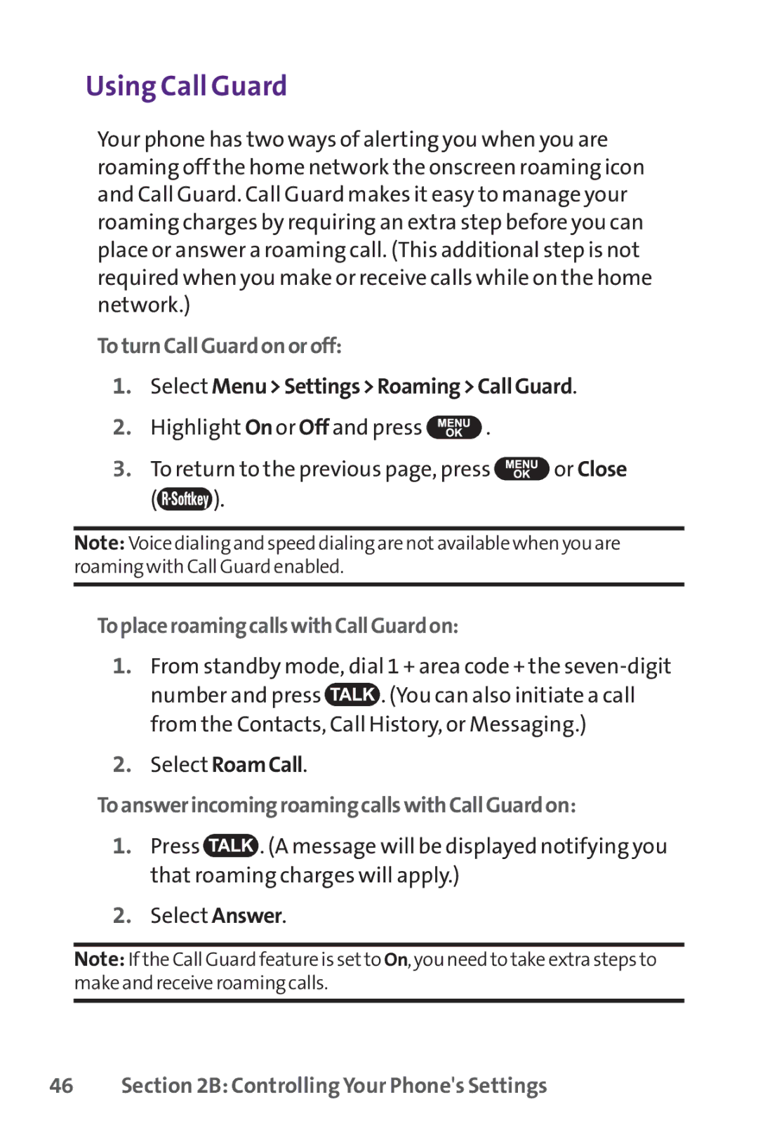 UTStarcom PPLS-7075 manual Using Call Guard, ToturnCallGuardonoroff, Select MenuSettingsRoamingCallGuard 