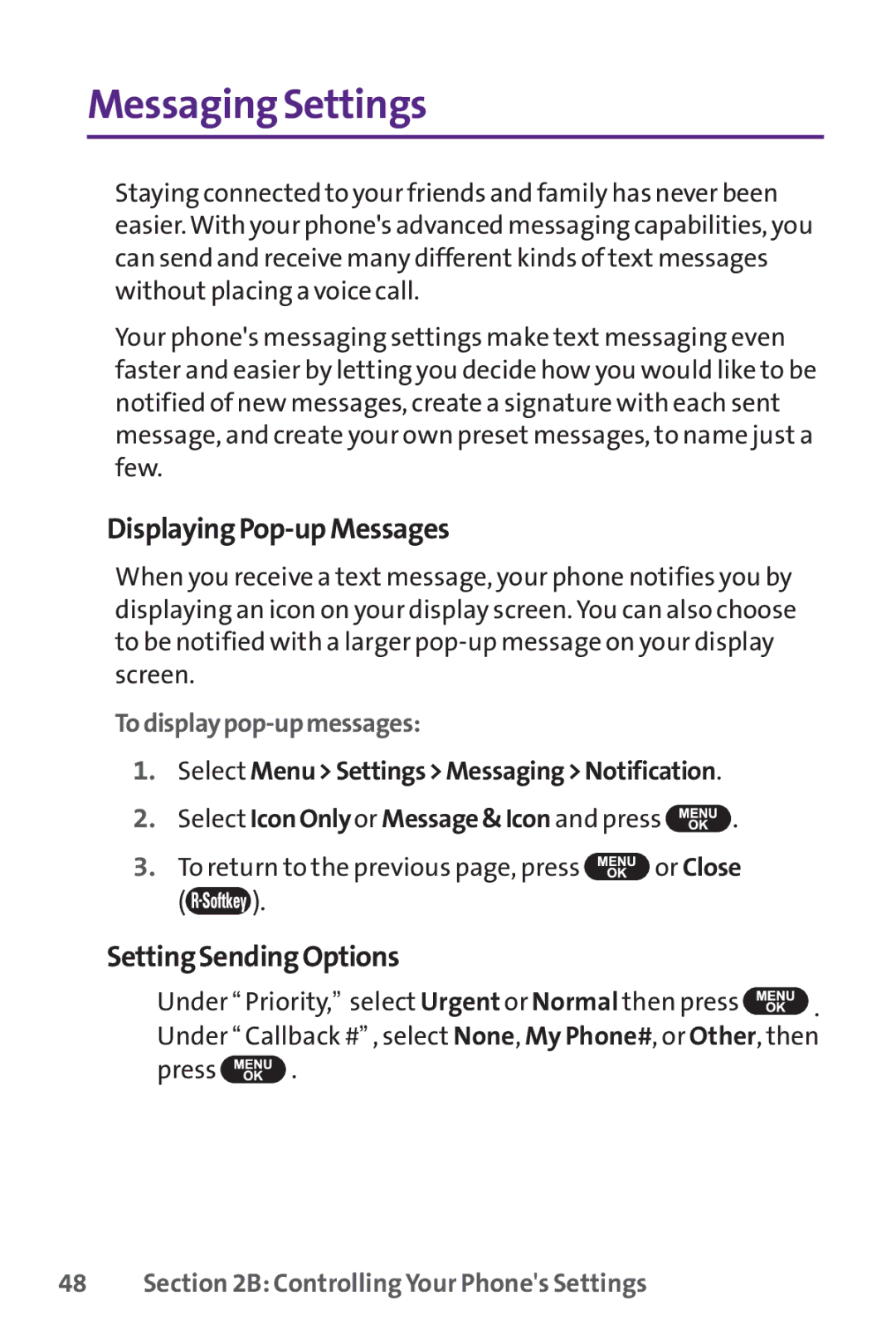 UTStarcom PPLS-7075 manual Messaging Settings, DisplayingPop-upMessages, SettingSendingOptions, Todisplaypop-upmessages 