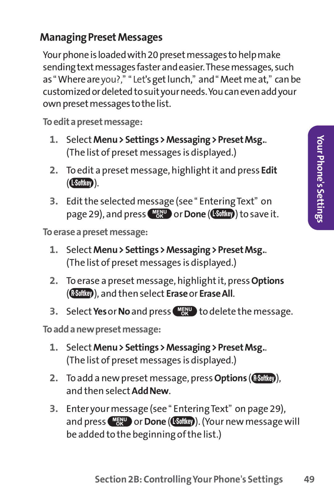 UTStarcom PPLS-7075 manual ManagingPresetMessages, Toeditapresetmessage, Toeraseapresetmessage, Toaddanewpresetmessage 