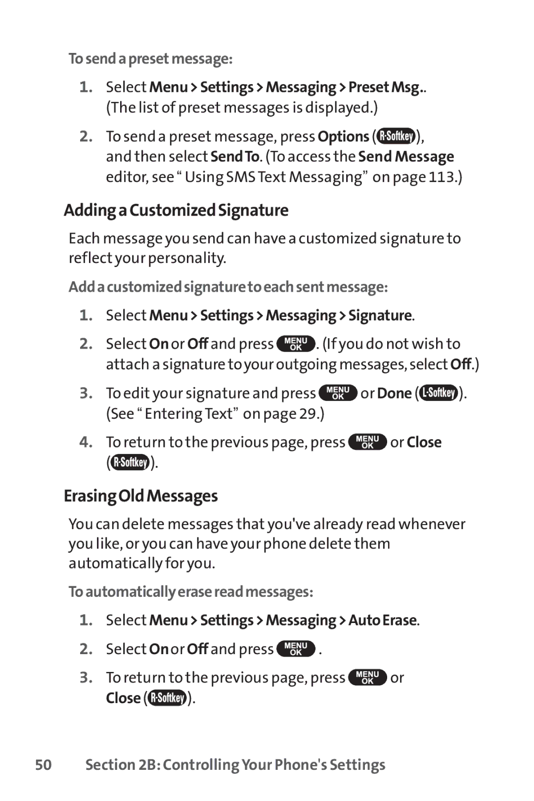 UTStarcom PPLS-7075 AddingaCustomizedSignature, ErasingOldMessages, Tosendapresetmessage, Toautomaticallyerasereadmessages 