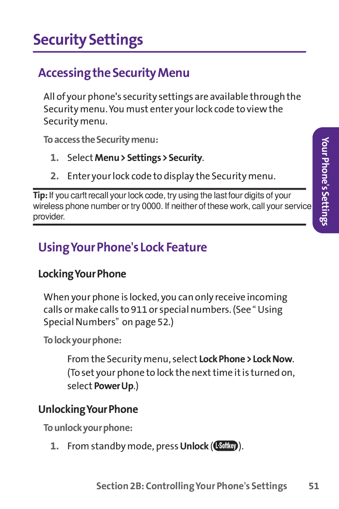 UTStarcom PPLS-7075 manual Security Settings, Accessing the Security Menu, UsingYour Phones Lock Feature, LockingYourPhone 