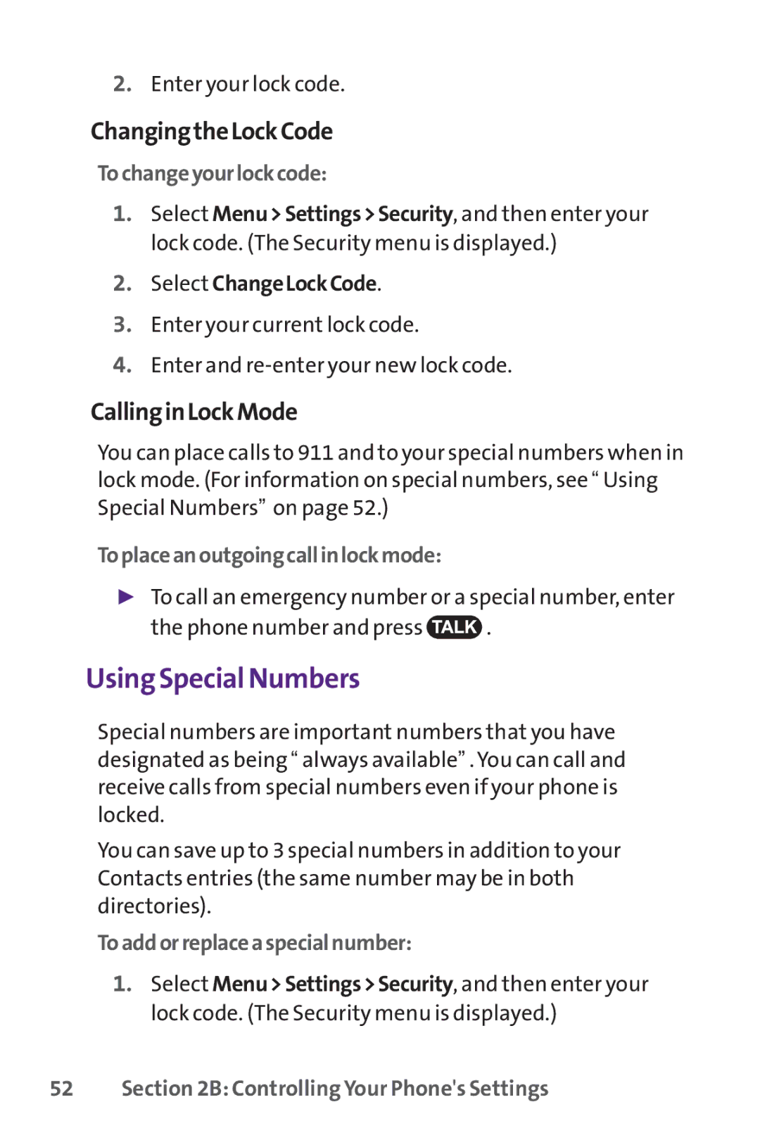 UTStarcom PPLS-7075 manual Using Special Numbers, ChangingtheLockCode, CallinginLockMode 