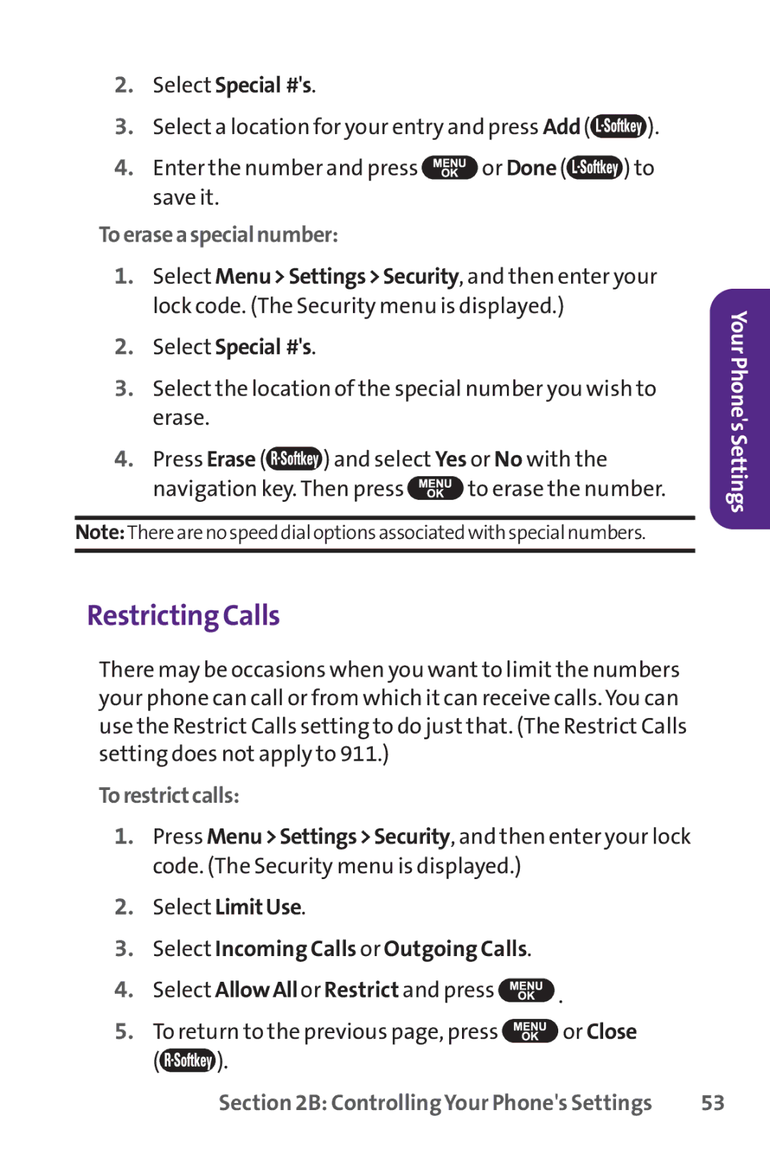 UTStarcom PPLS-7075 manual Restricting Calls, Select Special #s, Toeraseaspecialnumber, Torestrictcalls 