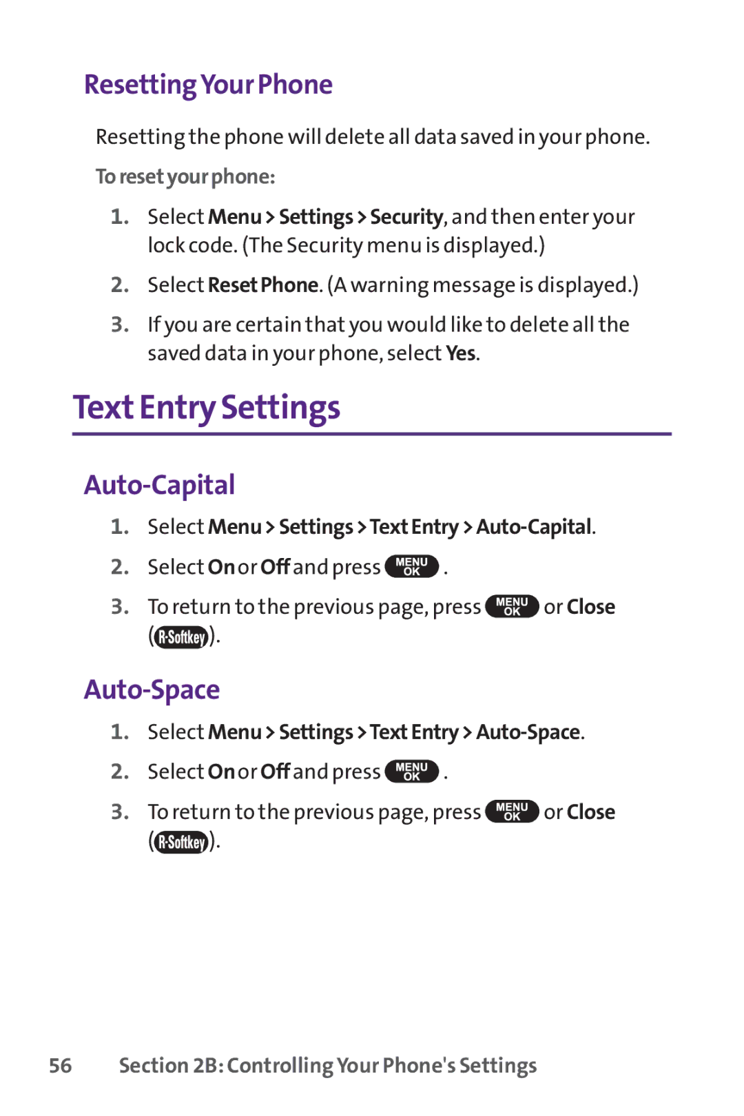 UTStarcom PPLS-7075 manual TextEntry Settings, ResettingYour Phone, Auto-Capital, Auto-Space, Toresetyourphone 