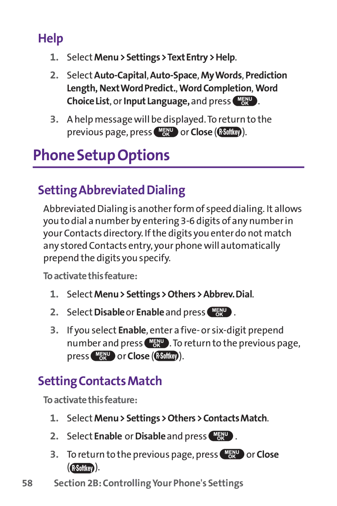 UTStarcom PPLS-7075 Phone Setup Options, Help, Setting Abbreviated Dialing, Setting Contacts Match, Toactivatethisfeature 