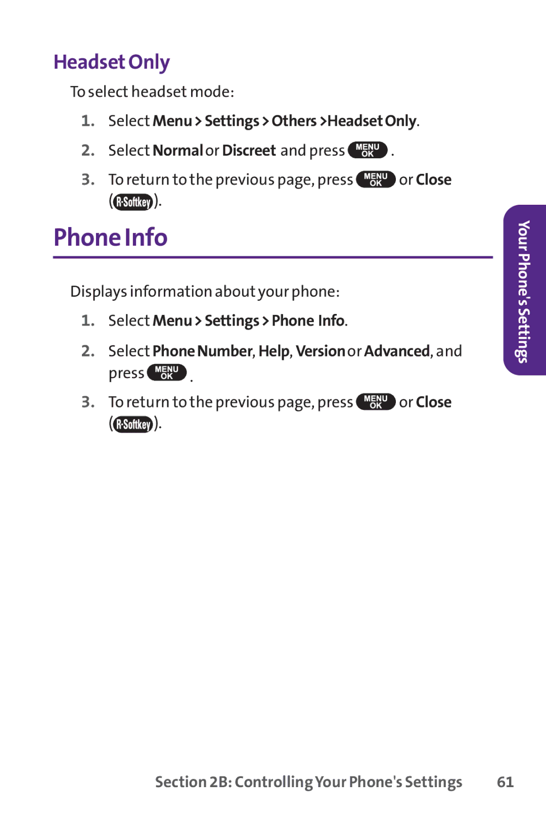 UTStarcom PPLS-7075 manual Phone Info, Headset Only, Select MenuSettingsOthersHeadsetOnly 