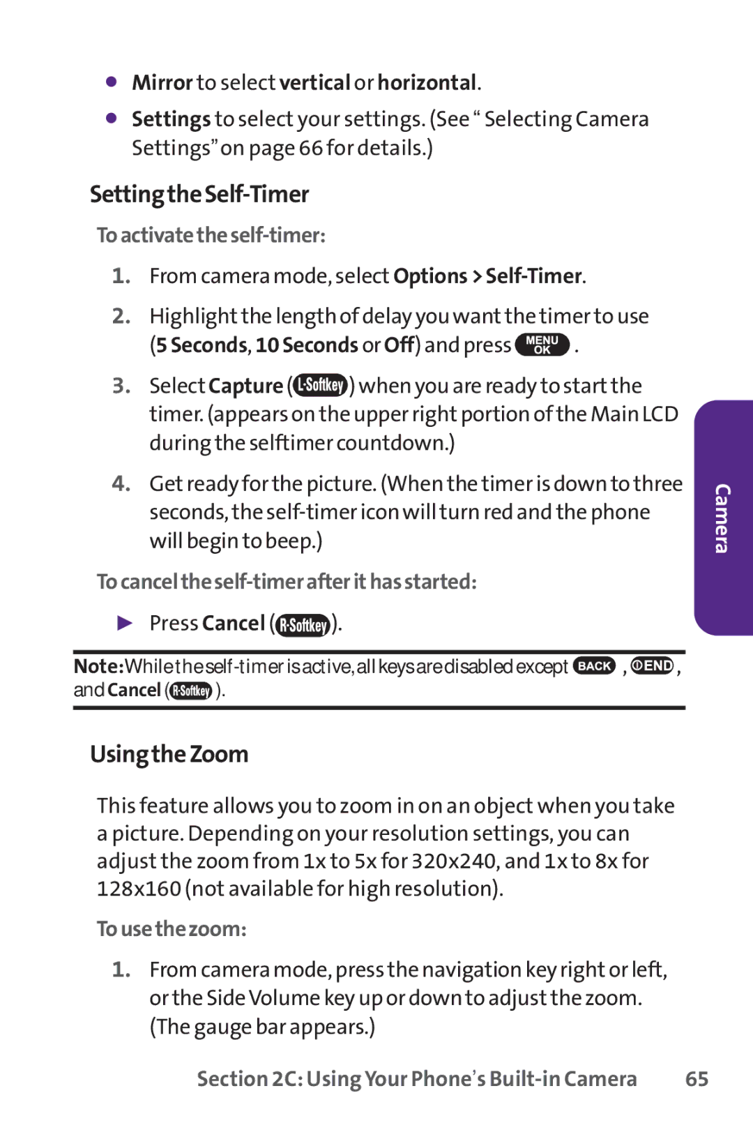 UTStarcom PPLS-7075 SettingtheSelf-Timer, UsingtheZoom, Toactivatetheself-timer, Tocanceltheself-timerafterithasstarted 