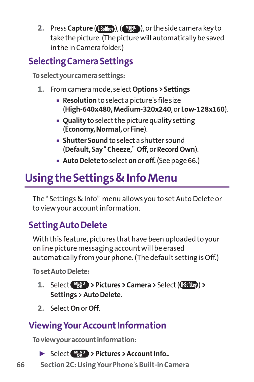 UTStarcom PPLS-7075 manual Using the Settings & Info Menu, Selecting Camera Settings, Setting Auto Delete 