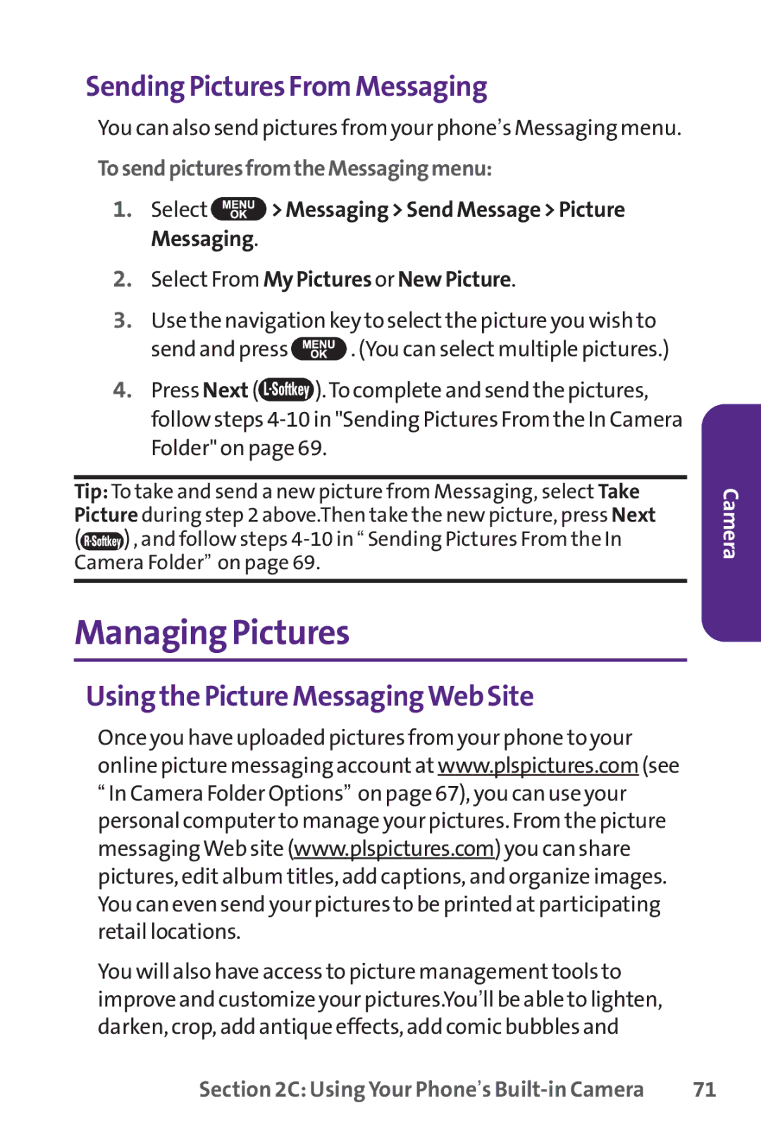 UTStarcom PPLS-7075 manual Managing Pictures, Sending Pictures From Messaging, Using the Picture MessagingWeb Site 