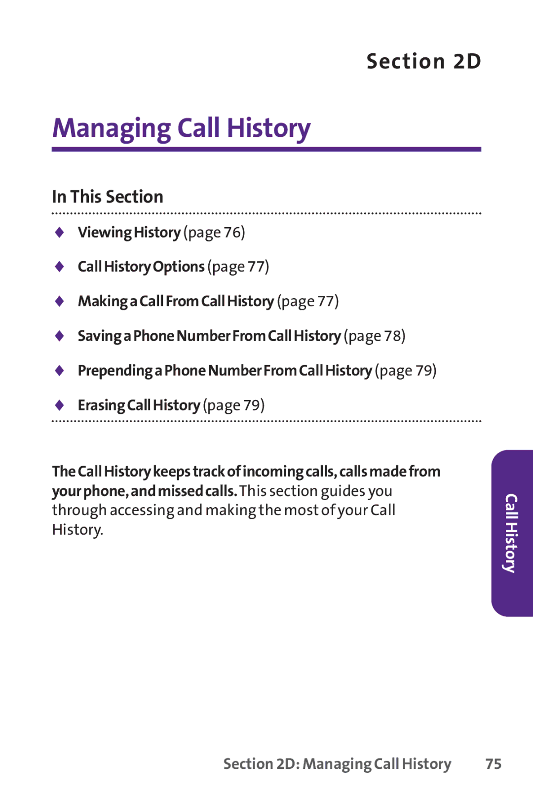 UTStarcom PPLS-7075 manual Managing Call History, This Section 