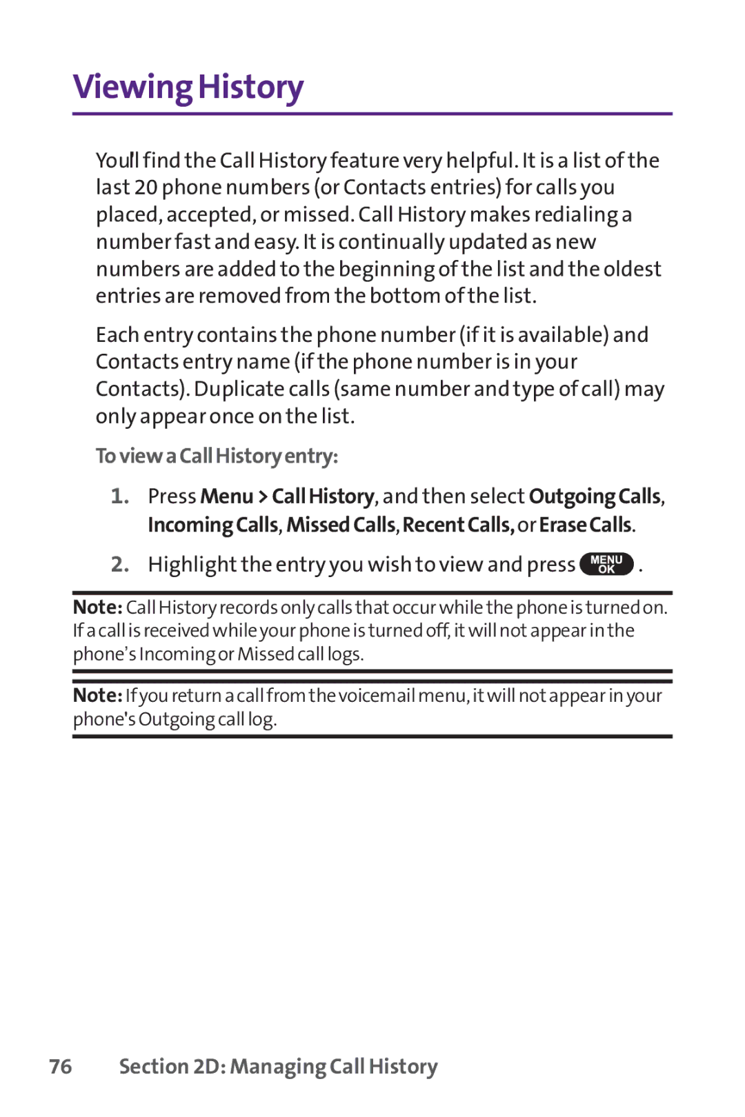 UTStarcom PPLS-7075 manual Viewing History, ToviewaCallHistoryentry, Managing Call History 