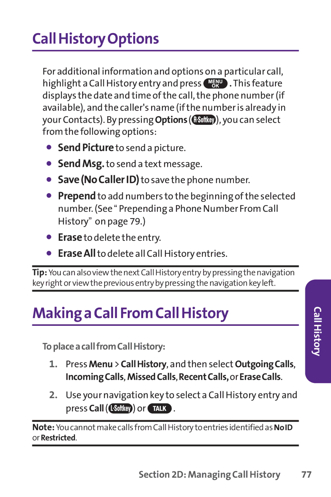 UTStarcom PPLS-7075 manual Call History Options, Making a Call FromCall History, ToplaceacallfromCallHistory 