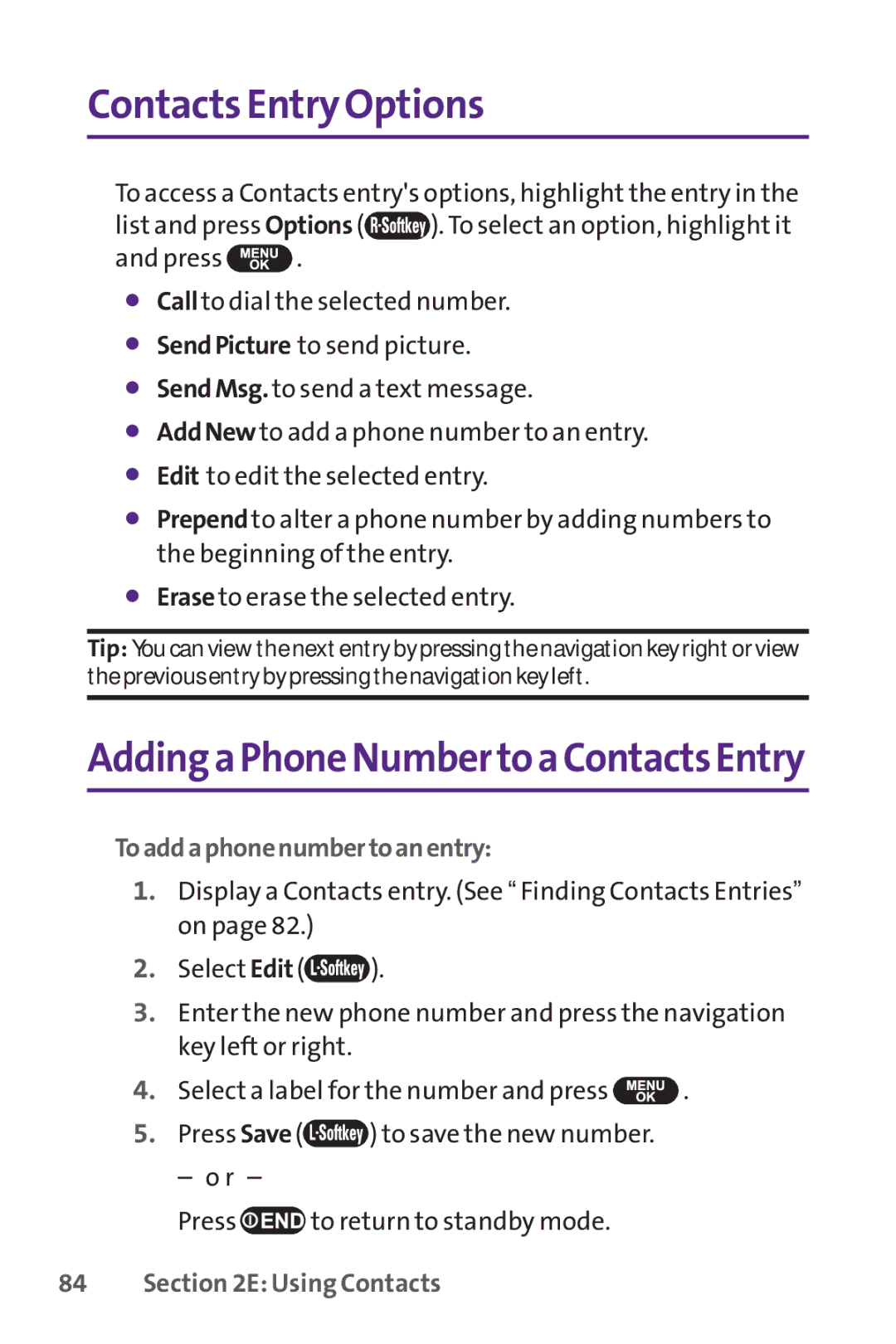 UTStarcom PPLS-7075 manual Contacts Entry Options, Toaddaphonenumbertoanentry 