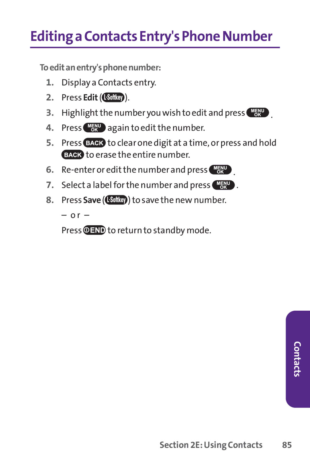 UTStarcom PPLS-7075 manual Editing a ContactsEntrys Phone Number, Toeditanentrysphonenumber 