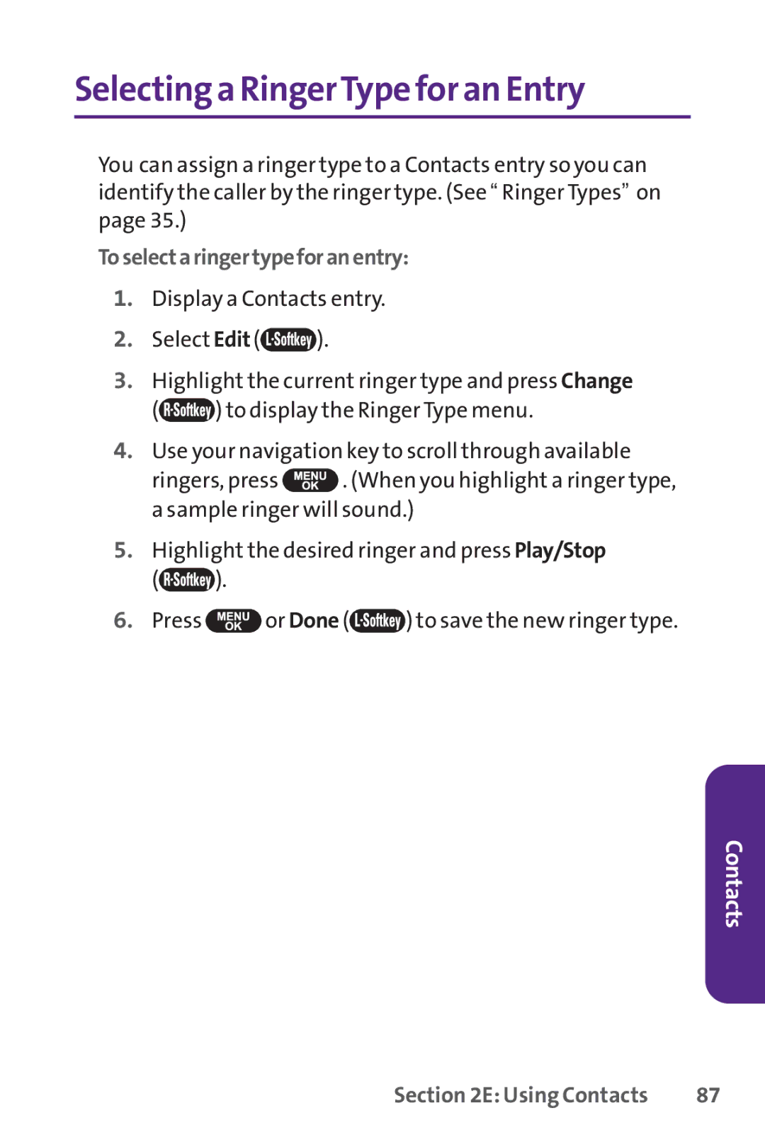 UTStarcom PPLS-7075 manual Selecting a RingerType for an Entry, Toselectaringertypeforanentry 