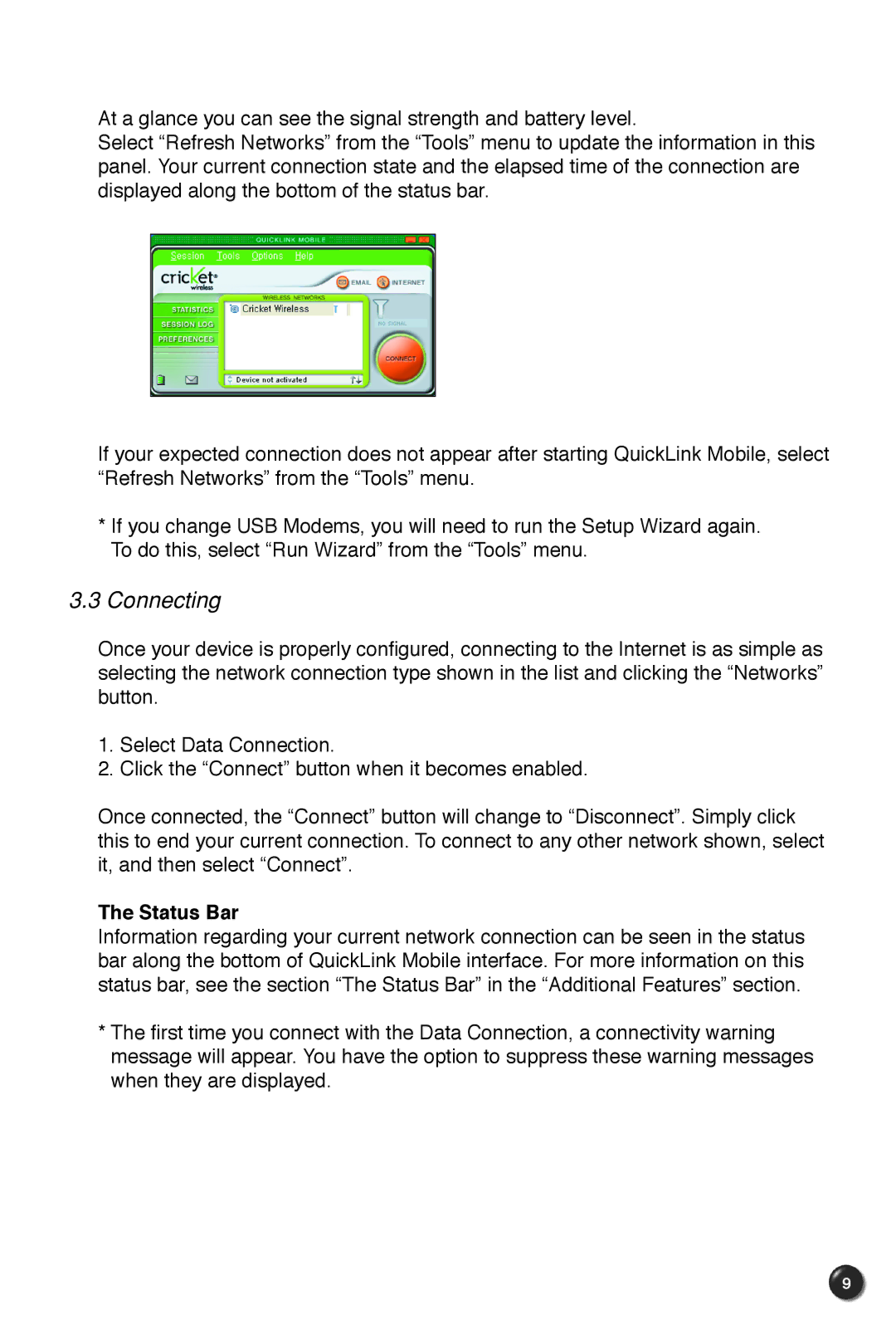 UTStarcom UM100C manual Connecting, Status Bar 