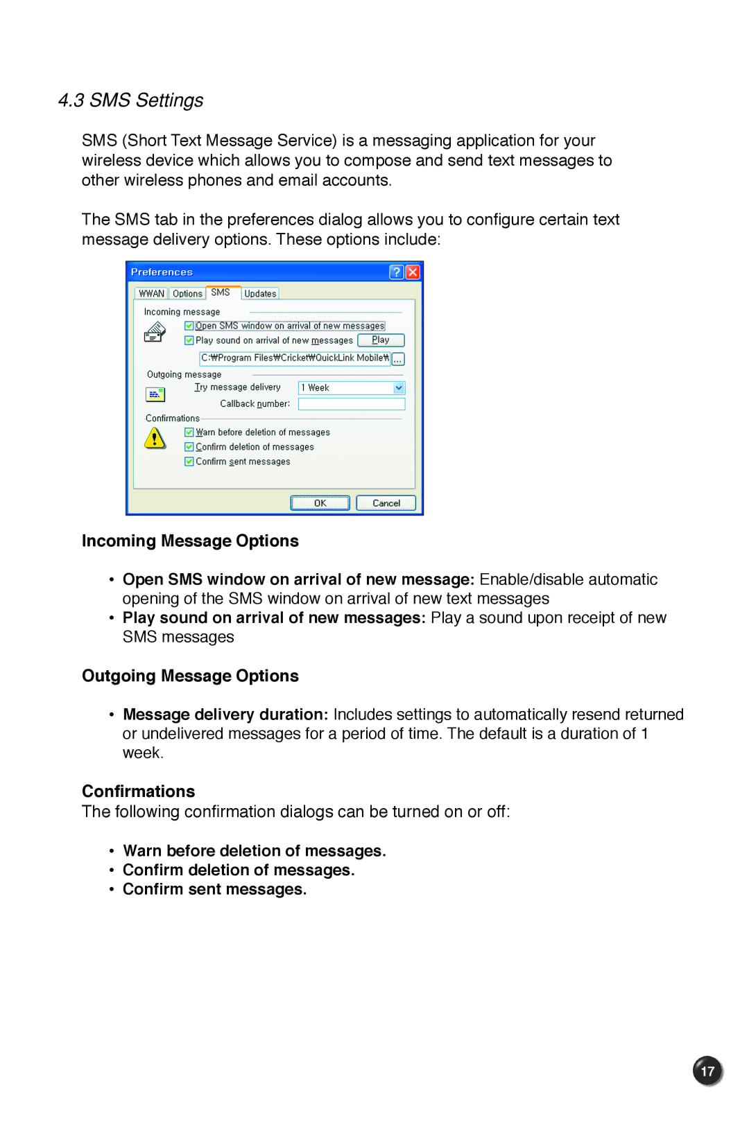 UTStarcom UM100C manual SMS Settings, Incoming Message Options, Outgoing Message Options, Confirmations 