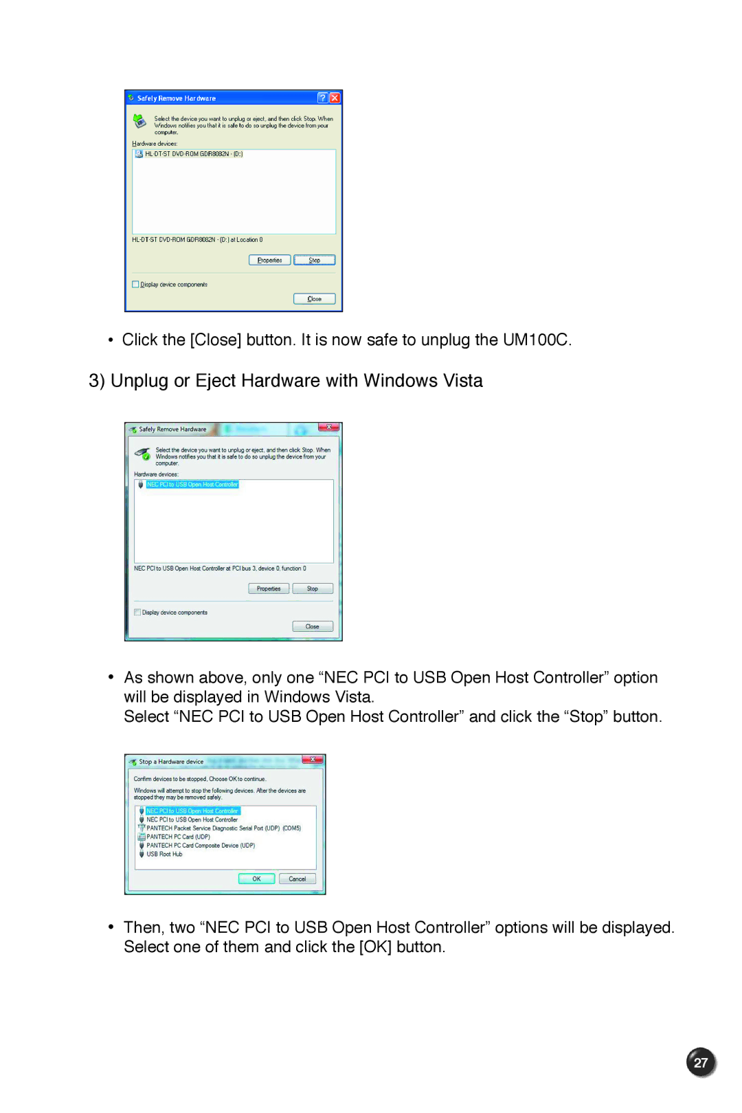 UTStarcom UM100C manual Unplug or Eject Hardware with Windows Vista 