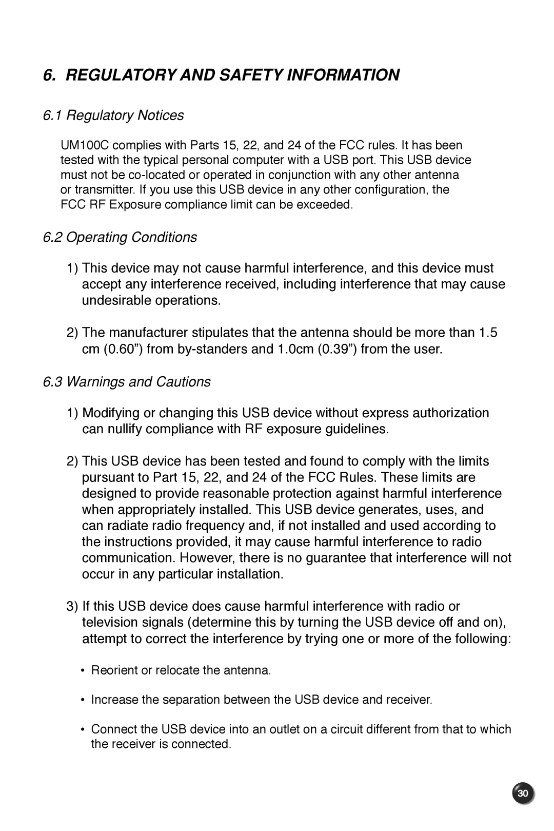 UTStarcom UM100C manual Regulatory and Safety Information, Regulatory Notices, Operating Conditions 