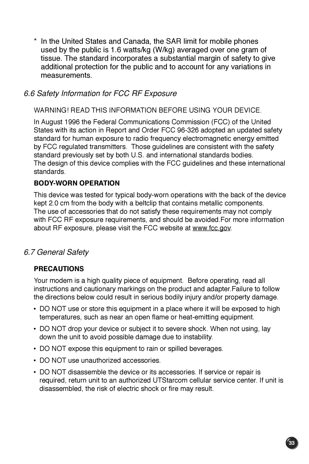 UTStarcom UM100C manual Safety Information for FCC RF Exposure, General Safety 