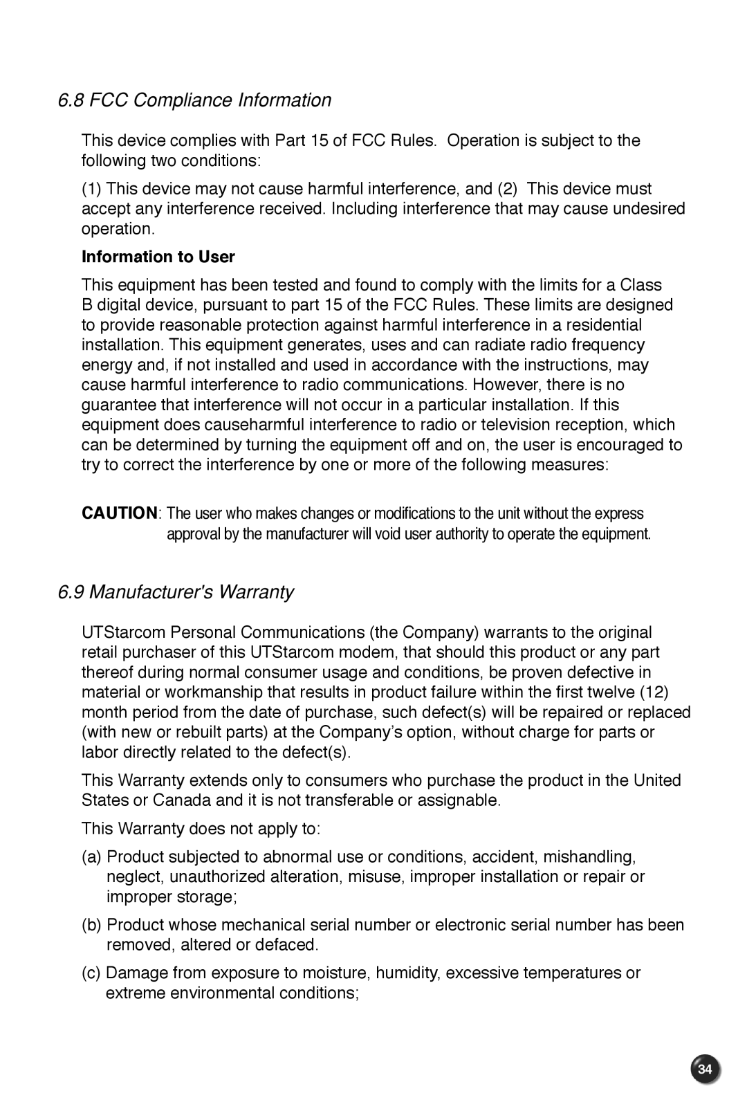 UTStarcom UM100C manual FCC Compliance Information, Manufacturers Warranty, Information to User 