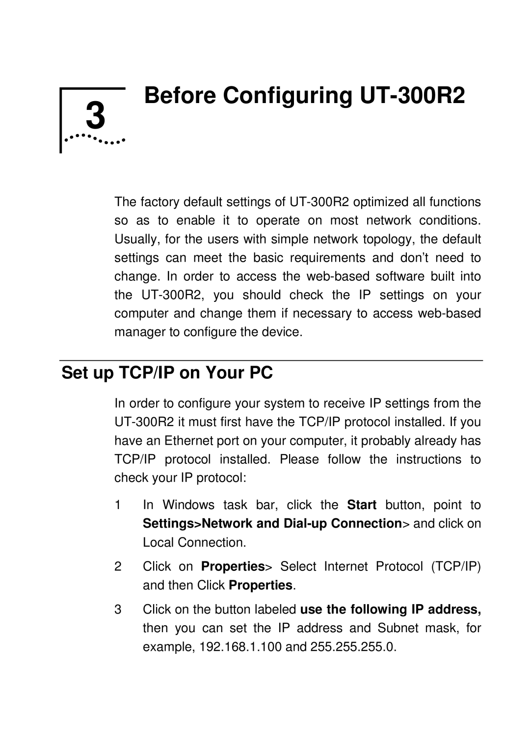 UTStarcom manual Before Configuring UT-300R2, Set up TCP/IP on Your PC 